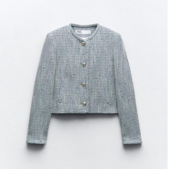 Zara Jackets & Blazers - Zara Light Gray Herringbone Cropped Blazer